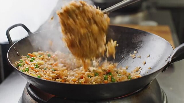 Stir-frying colorful fried rice with vegetables in a wok showcasing cooking process