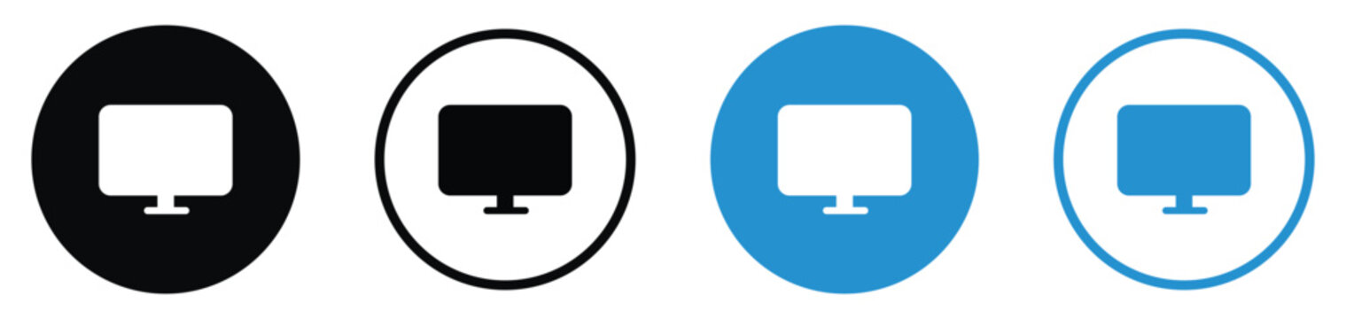 Minimalist computer monitor and screen display icons. Featured in black and blue circular frames with solid and bold styles. Perfect for technology, digital media, and workstation UI designs.
