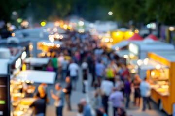Crowd of people walking between food trucks at an outdoor festival