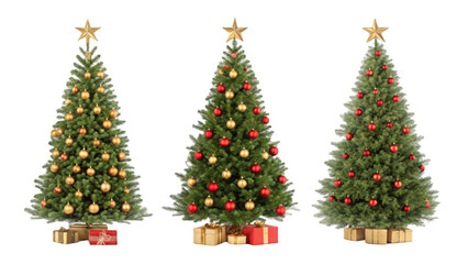 Fototapeta premium Three decorated christmas trees isolated on transparent background