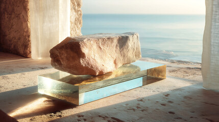 Sunlit Stone on Glass Plinth by the Sea
