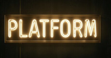 Bright neon sign spells PLATFORM. Dark background emphasizes glowing text. Simple, modern aesthetic. Minimalist design.