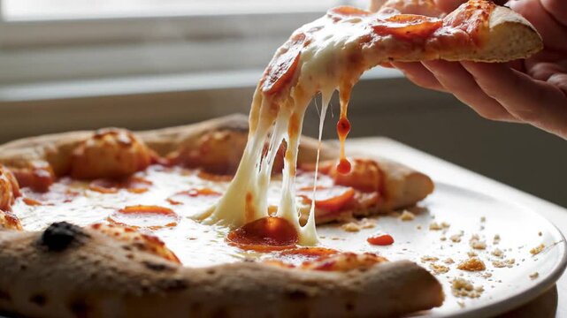 Delicious hot cheese pizza being served with melted cheese stretching as it's lifted from the tray