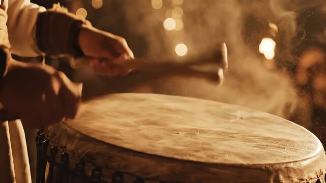 Extreme Close Up Slow Motion of Hands Vigorously Beating Traditional Bedug Drum at Night with Dust - AI Generated