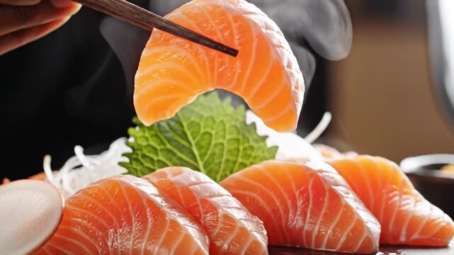 Delicate Slices of Salmon Being Artfully Arranged with Fresh Greens in a Sushi Preparation Process