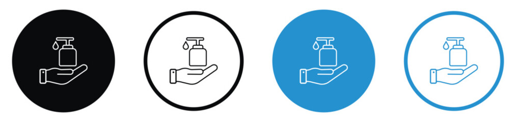 Fototapeta premium Hygiene and liquid soap icons featuring a hand holding a dispenser bottle with a droplet. Linear style in black and blue circles. Great for healthcare, sanitization, and safety instructions.