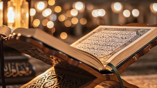 Low Angle Close Up of Open Holy Quran on Carved Wooden Rehal Stand at Spiritual Night - AI Generated