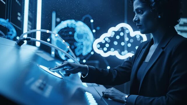 Businesswoman uses tablet with cloud computing and brain AI hologram in futuristic office environment. Woman works with cloud technology and artificial intelligence display. Professional interacts wit