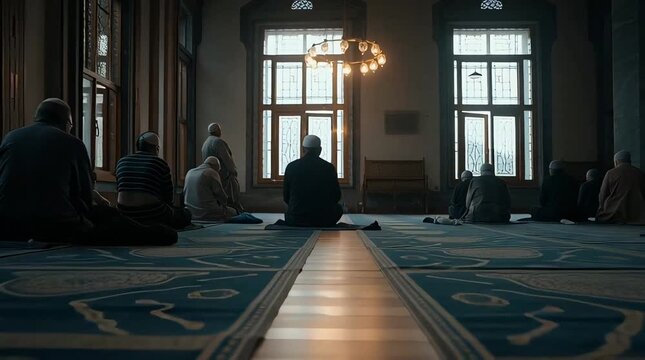 People praying inside a mosque with windows and carpets