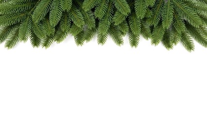 A vibrant green pine branch stretches across the top of a clean white background