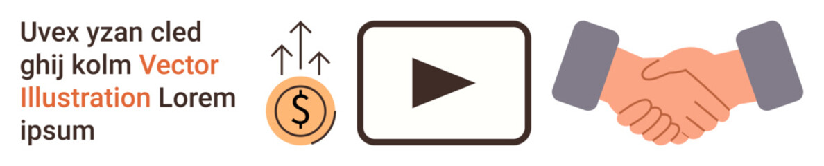 Business growth, financial success, collaboration, media marketing, video content, revenue. Coin with upward arrows, play button handshake. Financial success and business collaboration concept