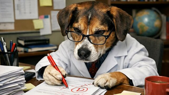 Dog wearing glasses writing on paper at messy desk
