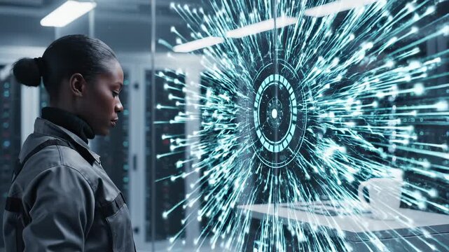 Woman engineer touches holographic interface with circular data visualization in futuristic technology control room. Woman interacts with hologram display for data analysis and system monitoring in se