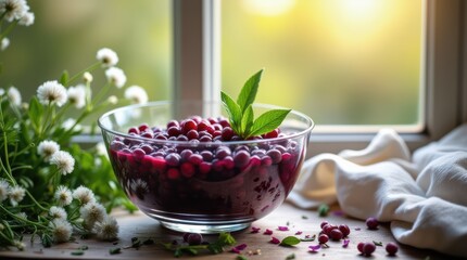 Freshly picked berries in a glass bowl on a rustic wooden table by a sunlit window, surrounded by delicate white flowers, evoking a sense of natural beauty and healthy living.