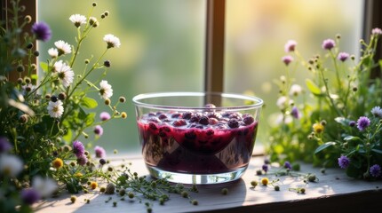 Fresh Blueberry Juice Poured into a Glass Bowl Surrounded by Wildflowers.