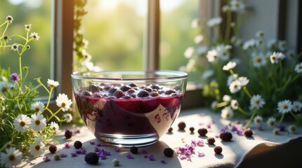 Glass bowl of blueberry jam with fresh berries and flowers on a windowsill.