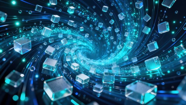 8K Ultra Realistic Abstract Background with Blue Glowing Swirls and Data Cubes Flow