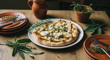 Delicious Pear and Gorgonzola Tart with Fresh Herbs on a Rustic Wooden Table.