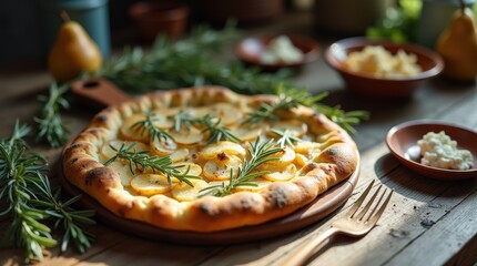 Delicious Potato Rosemary Flatbread Pizza on Rustic Wooden Table.