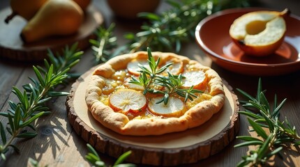 Rustic Pear and Rosemary Galette on a Wooden Slice with Fresh Pears and Rosemary Sprigs.