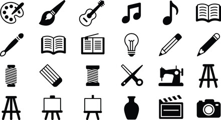 Obraz premium Creative arts education icon set featuring music painting sewing photography writing tools isolated on white background vector illustration