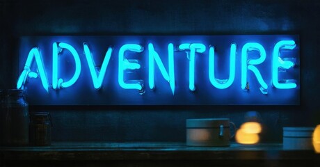 Obraz premium Bright neon sign spells adventure. Dark background, shelf with jars, box, warm light. Moody, inviting atmosphere.