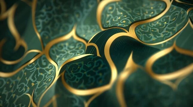 An intricate gold and green patterned design fills the frame with curved lines.