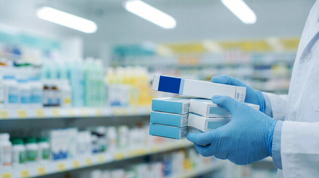 A pharmacist is holding packages of medications. The scene is within a pharmacy setting, showcasing shelves stocked with various medicinal products