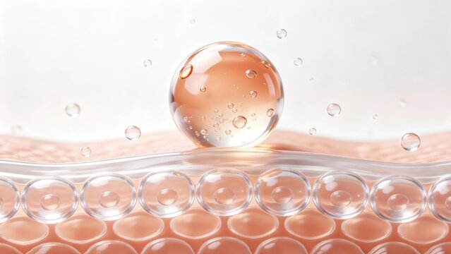 3D Medical Illustration of Spherical Transparent Liposomes with Skin-Colored Liquid and Microbubbles for Science Visualization