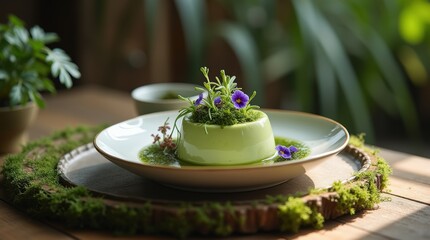 Matcha Panna Cotta with Edible Flowers and Microgreens.