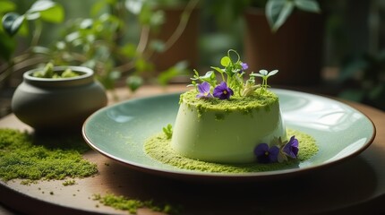 Delicate Matcha Panna Cotta Dessert with Edible Flowers and Powdered Green Tea.