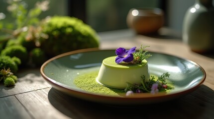 Gourmet Matcha Panna Cotta Dessert with Edible Flower.