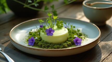 Gourmet Green Pea Panna Cotta with Edible Flowers on a Rustic Wooden Table.