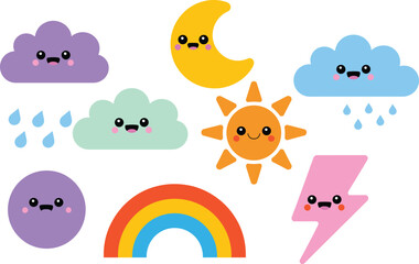 Cute kawaii weather icons set with smiling sun moon clouds rainbow and lightning for kids pastel illustration design