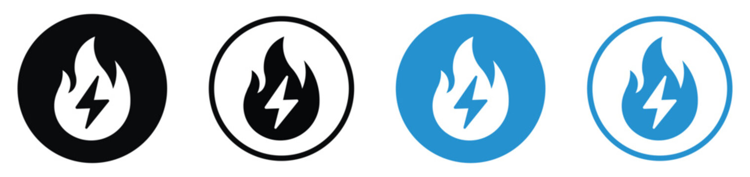 Set of energy and power icons featuring a flame with a lightning bolt symbol. Includes solid and outline versions in black and blue. Ideal for representing fast charging, hot deals, or high energy.
