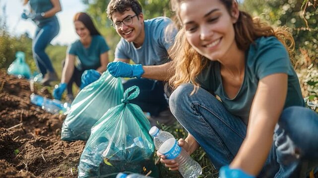 A group of five people is picking up plastic bottles in a park. They are wearing gloves and putting the bottles into trash bags. The sun is shining and it is daytime