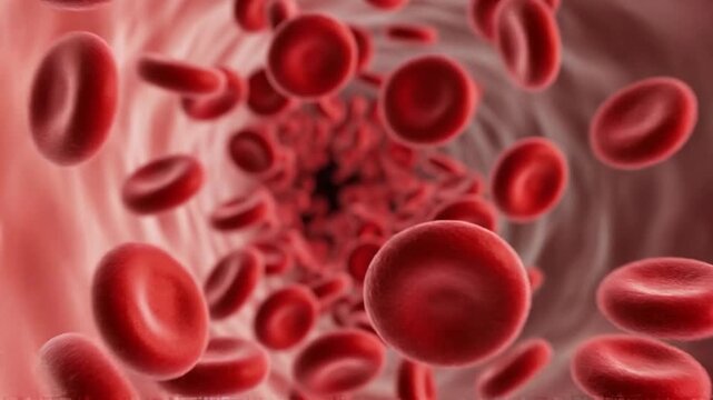 Detailed three dimensional illustration depicts numerous biconcave red blood cells flowing rapidly through a narrow, microscopic artery or capillary vessel in the circulatory system.