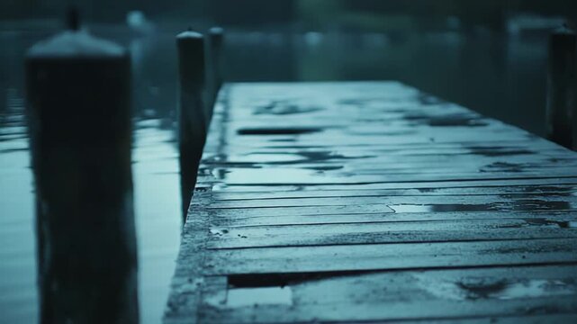 Rustic wooden pier planks damp from rain, reflecting grey blue sky over still lake water, empty jetty evokes tranquil, moody solitude and contemplative, somber calm