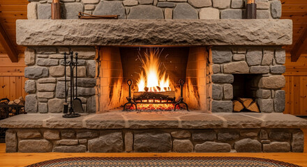 Cozy Fireplace Ambiance: A rustic stone fireplace provides warmth and a welcoming atmosphere, with glowing flames dancing within and evoking a sense of tranquility.