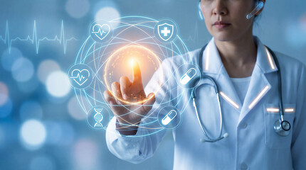 A doctor interacting with a futuristic healthcare interface. The image shows a doctor touching a digital screen displaying health icons. 