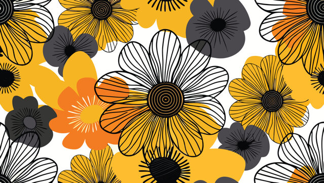 Stylized sunflower blossoms create a vibrant repeating pattern featuring bold yellow and orange petals set against a clean white backdrop