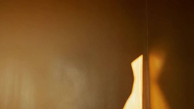 Warm sunlight filtering through an opening, casting abstract, soft golden light patterns and shadows across a textured, neutral toned wall, creating a serene and minimalist atmosphere