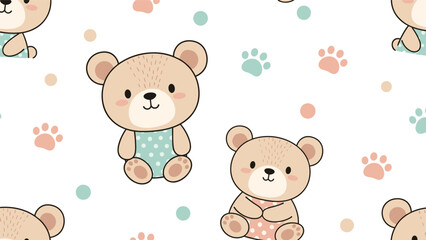 Fototapeta premium Adorable seamless pattern featuring cute cartoon teddy bears wearing polka dot outfits with colorful paw prints and dots on a white background.
