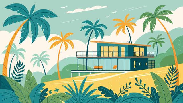 Tropical Building with Palm Trees in Flat Vector Style, Vibrant Greenery