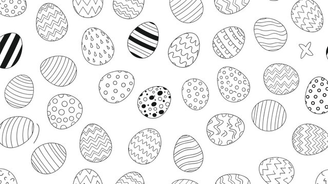Hand drawn Easter egg seamless pattern featuring various decorated eggs with stripes and dots in black outline on a white background for spring.