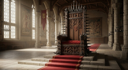 The Regal Seat: An imposing, intricately carved throne, radiating power and history, sits within a grand, sunlit hall, hinting at stories of leadership and legacy. 