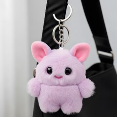 A close up view of a fluffy light purple cartoon bat keychain hanging from a black strap