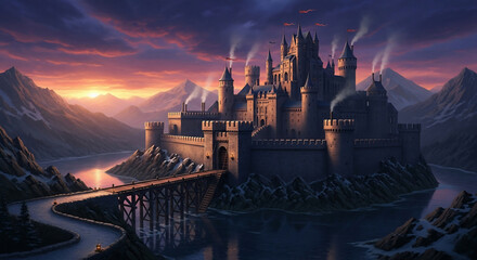 Mystical Castle at Sunset: A majestic castle, bathed in the warm hues of a setting sun, stands proudly amidst a serene landscape of mountains and water, evoking a sense of history and grandeur. 