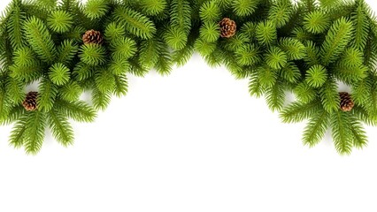 A vibrant green pine branch border with scattered pinecones against a white background