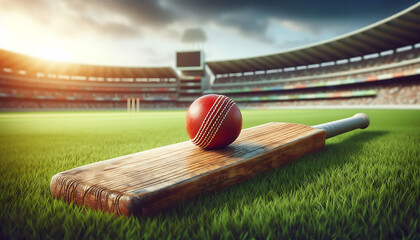 Cricket ball on top of old wooden cricket bat on green grass of cricket stadium ground background